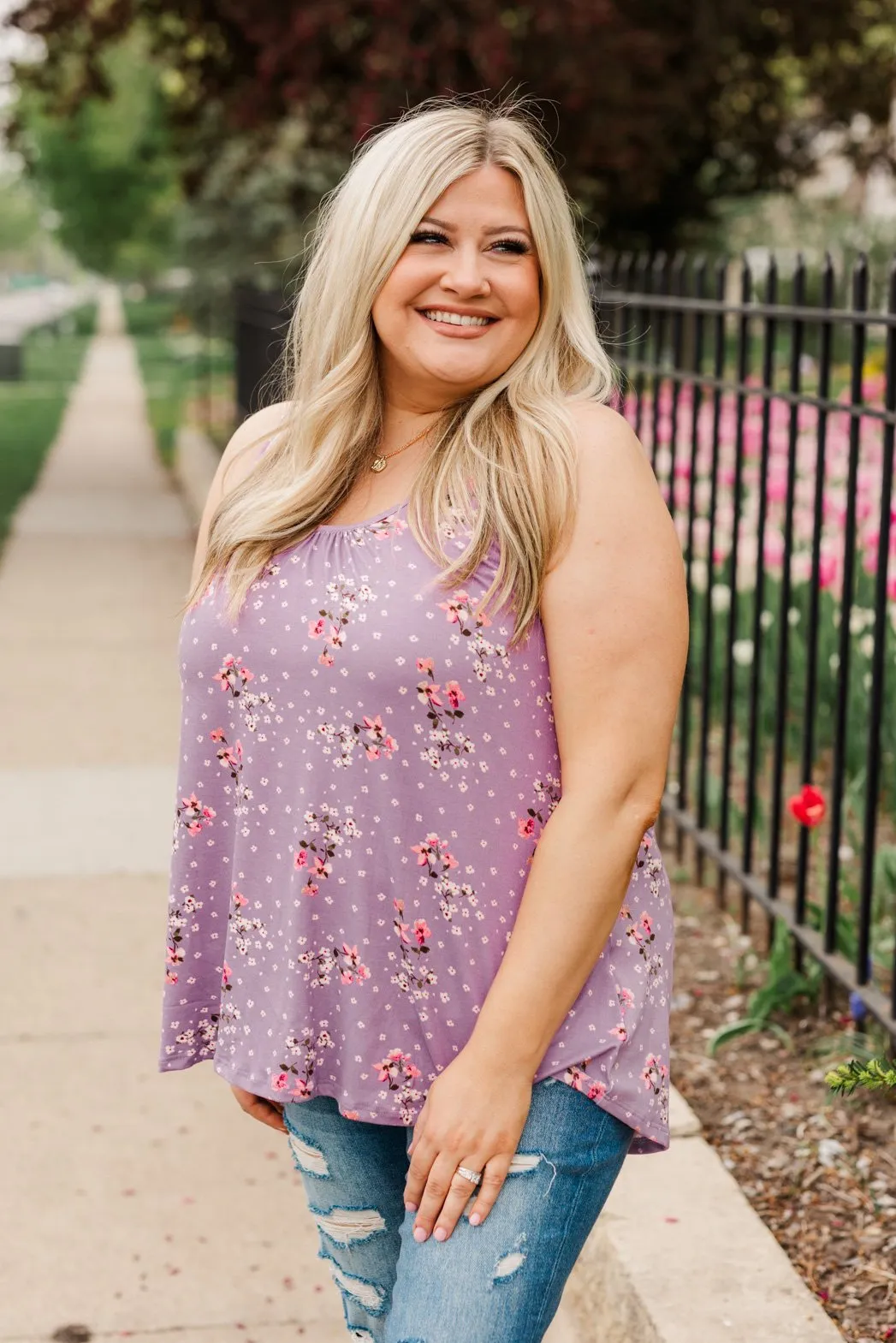 Flowering Fields Floral Lace Tank Top- Lavender