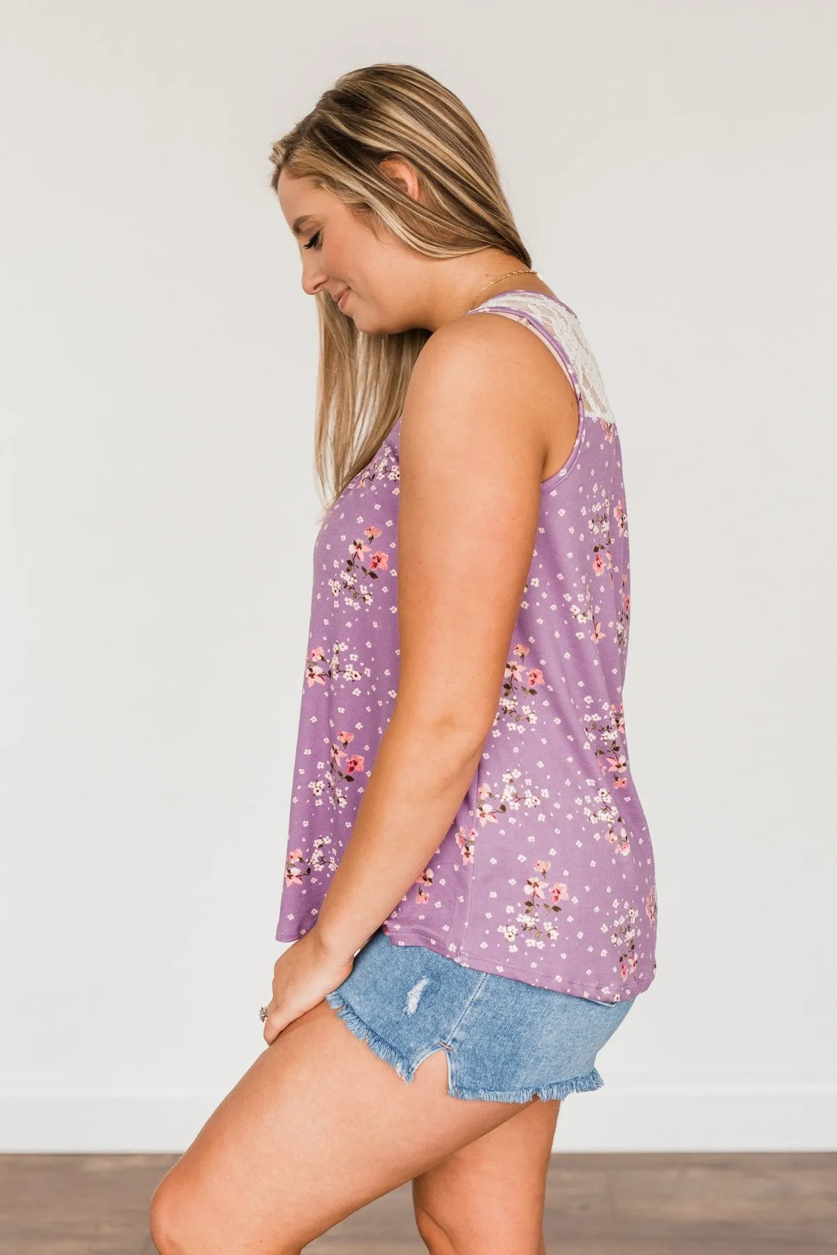 Flowering Fields Floral Lace Tank Top- Lavender