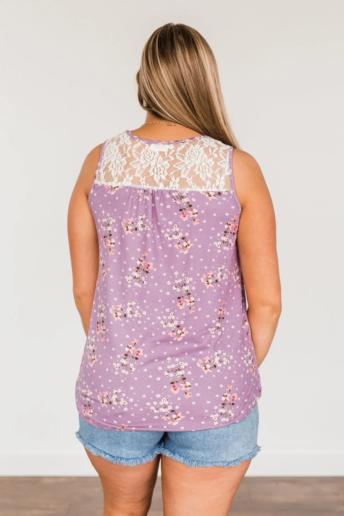 Flowering Fields Floral Lace Tank Top- Lavender