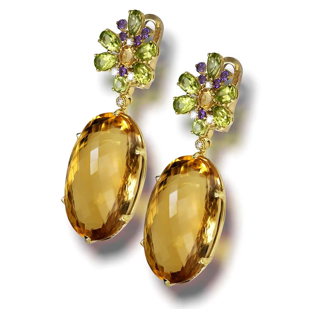 Gold Blossom Drop Earrings with Citrine & Peridot