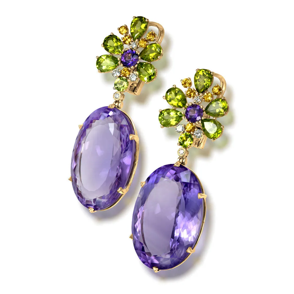 Gold Blossom Earrings with Light Amethyst & Peridot