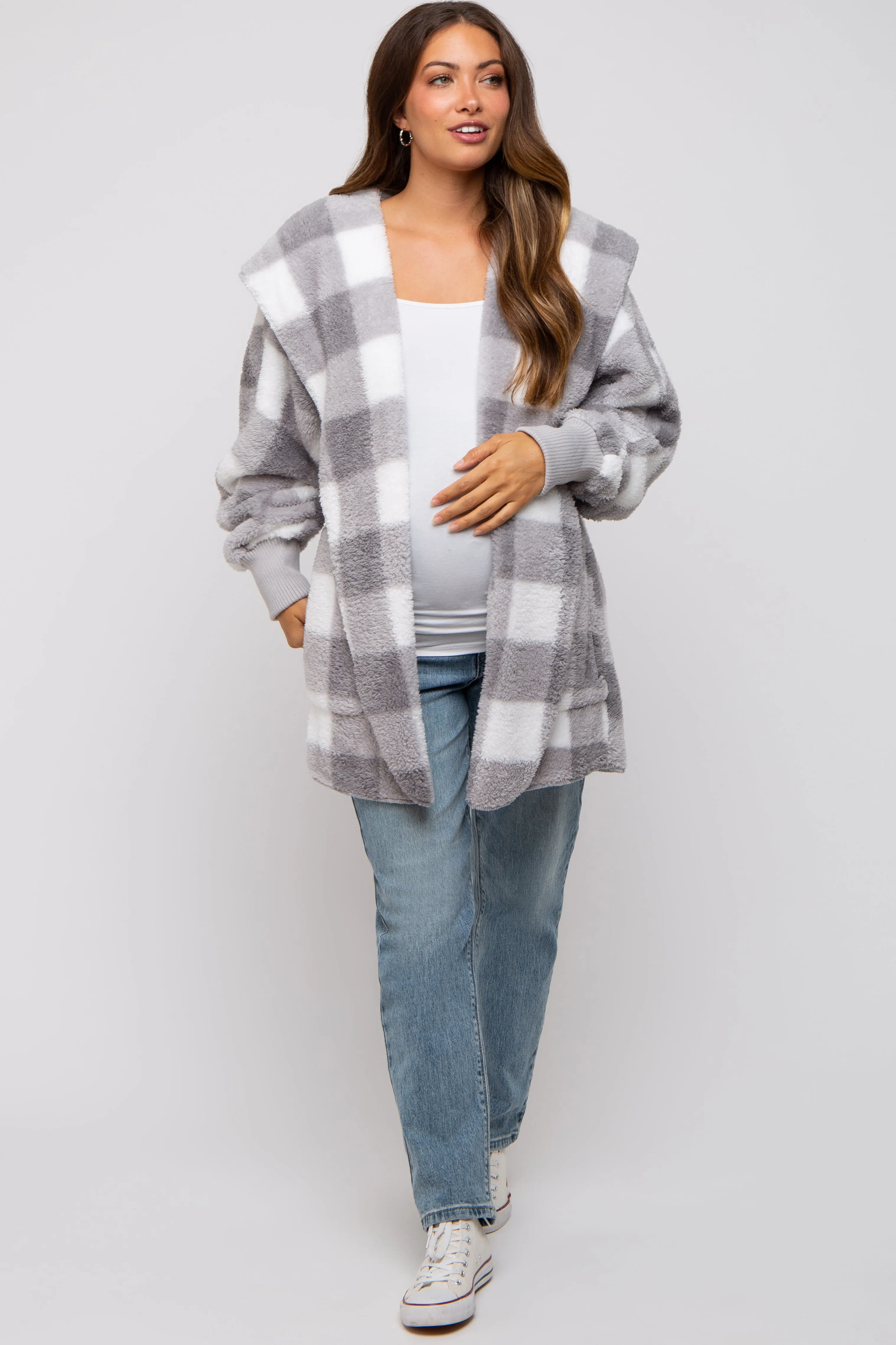 Grey Plaid Maternity Hooded Cardigan