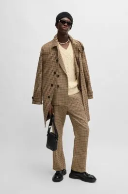 Houndstooth-check coat with concealed closure