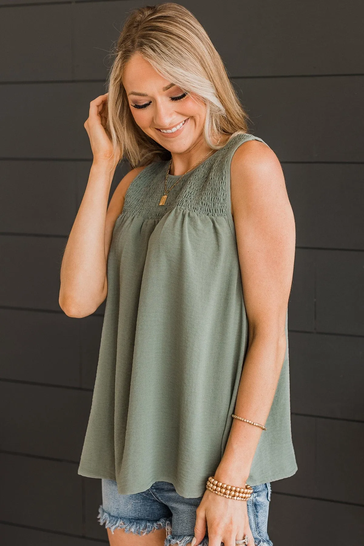 In A Daydream Smocked Tank Top- Sage