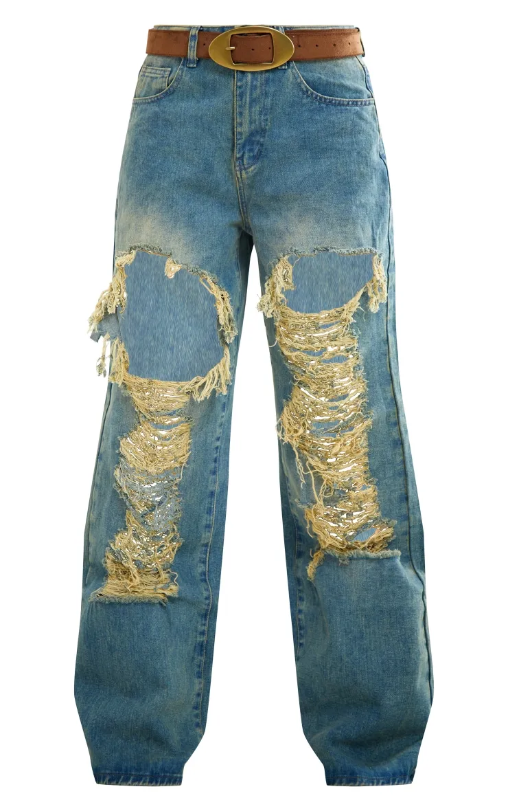 Indigo Vintage Wash Extreme Rip Straight Leg Jeans