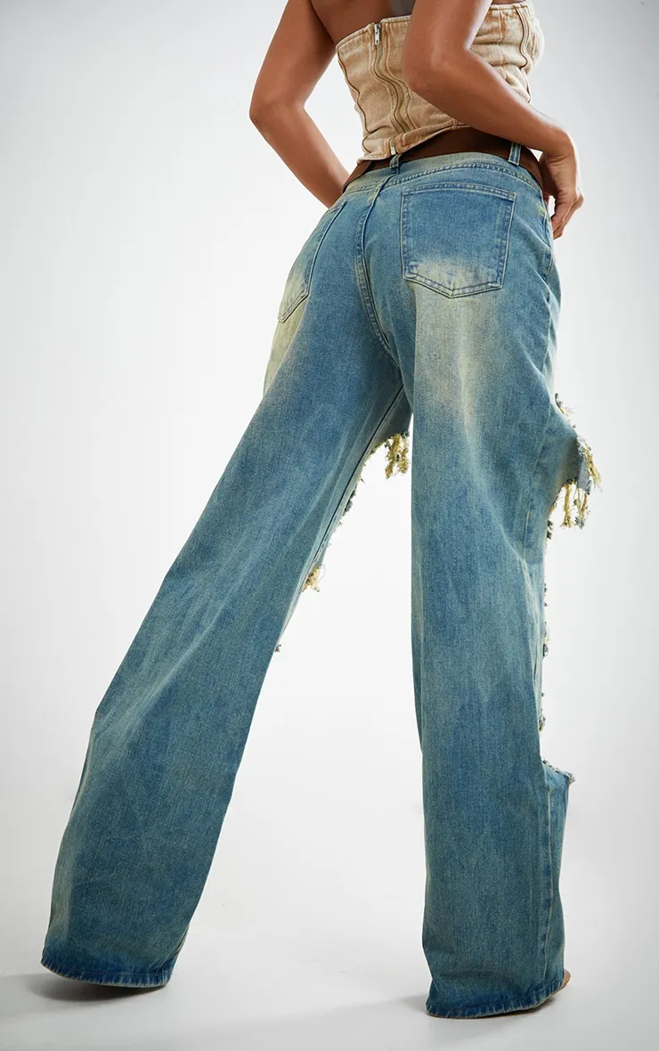 Indigo Vintage Wash Extreme Rip Straight Leg Jeans