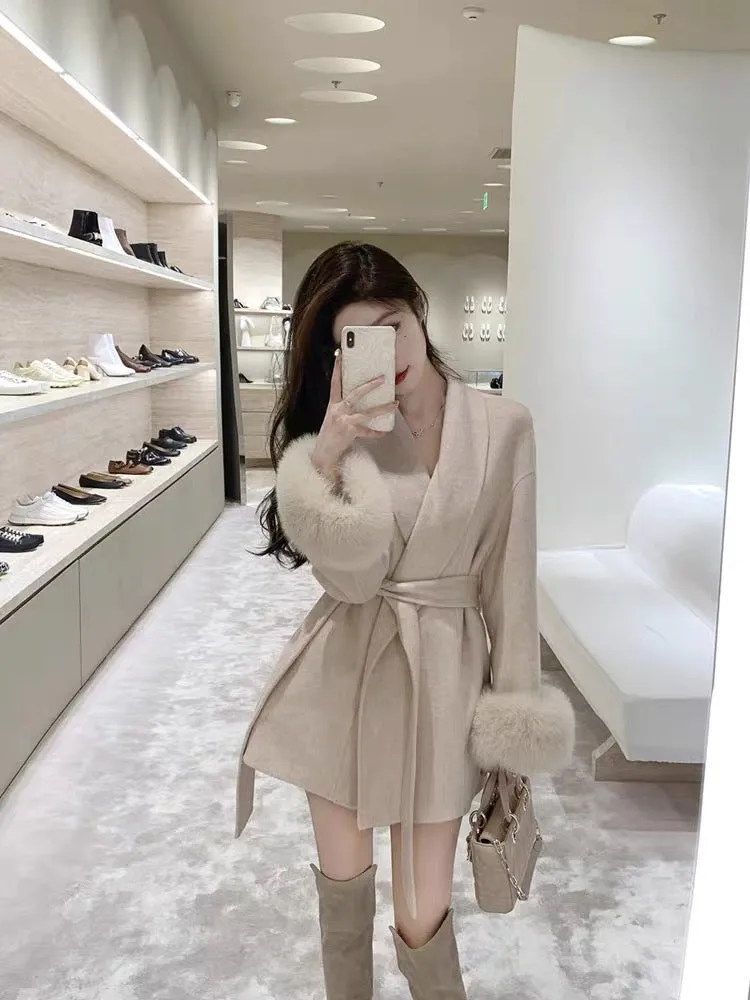 JustQn [Paris Lovers] Customized high-weight fabric Fengshen full wool fox fur double-sided woolen coat A3311