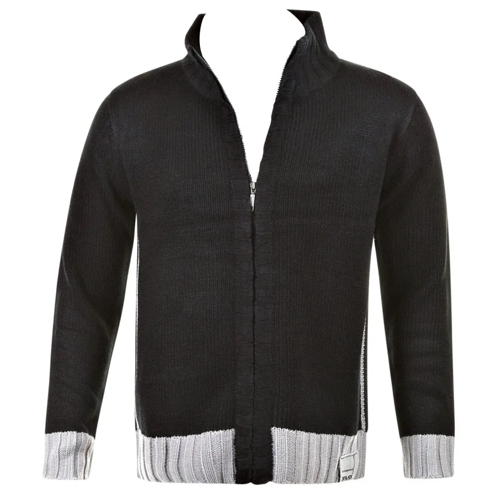 Knitted Black Long Sleeve Regular Fit Zip Up Cardigan with Grey Trim