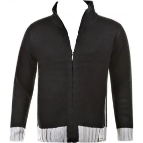 Knitted Black Long Sleeve Regular Fit Zip Up Cardigan with Grey Trim