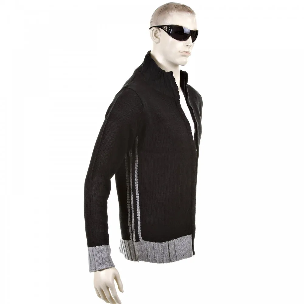 Knitted Black Long Sleeve Regular Fit Zip Up Cardigan with Grey Trim