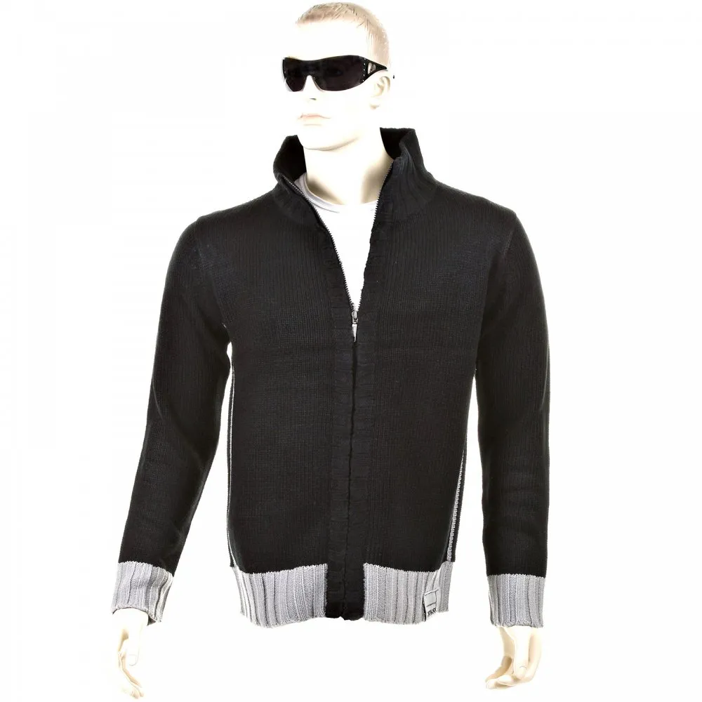 Knitted Black Long Sleeve Regular Fit Zip Up Cardigan with Grey Trim