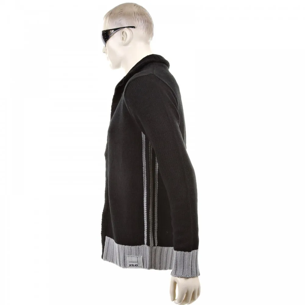 Knitted Black Long Sleeve Regular Fit Zip Up Cardigan with Grey Trim