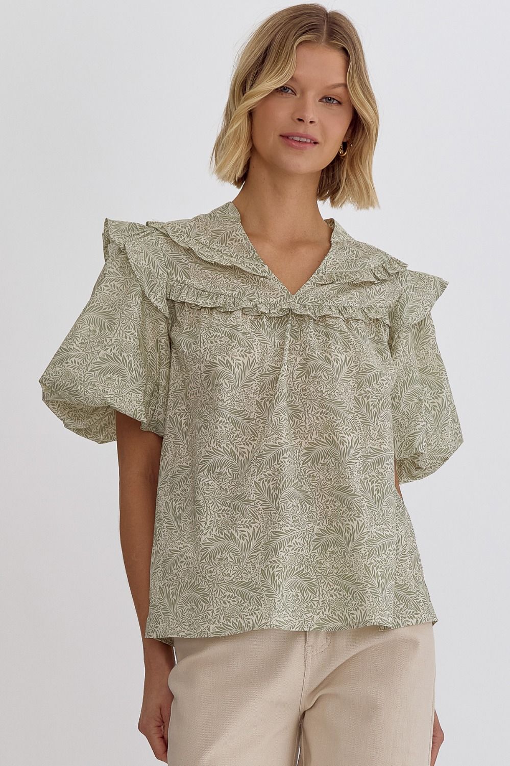 Leaf Print Bubble Sleeve Top - Sage