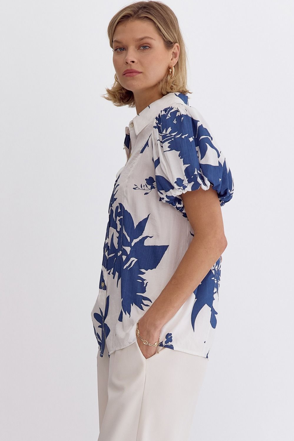 Leaf Print Button Down Collared Top