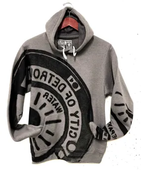 Manhole Cover Print Pullover Hoodie, Spirit of Detroit. Deep Heather Grey, Unisex