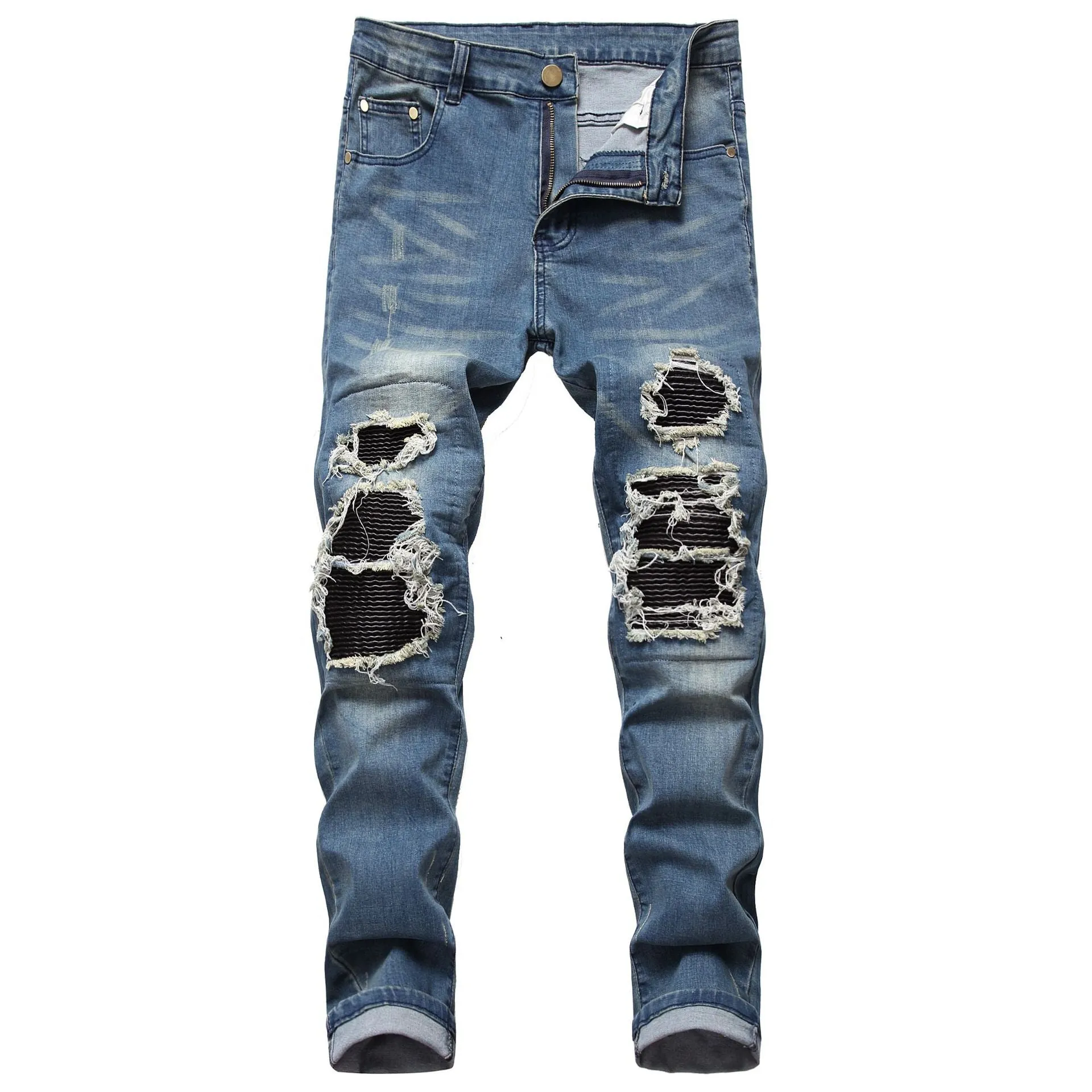 Men's Denim Ripped Casual Stripe Patch High Street Straight Leg Jeans