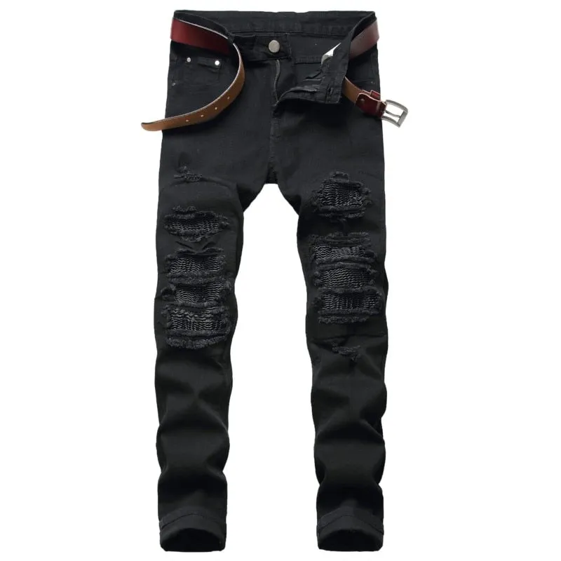 Men's Denim Ripped Casual Stripe Patch High Street Straight Leg Jeans