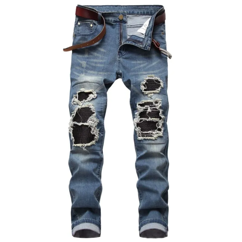 Men's Denim Ripped Casual Stripe Patch High Street Straight Leg Jeans