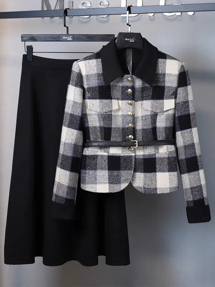 Miss DG high-end temperament simple small fragrance suit 2023 autumn plaid short coat and half skirt two-piece set (S0674)