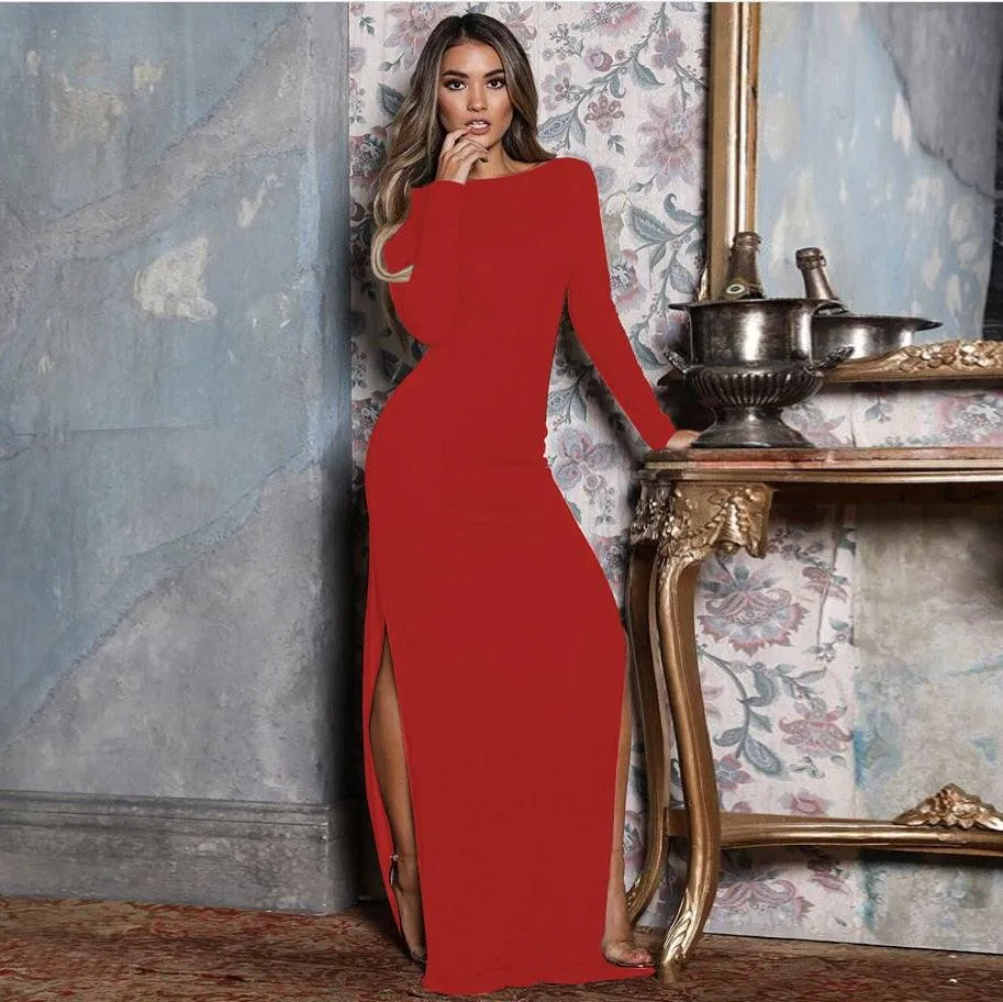 Nadafair Backless Sexy Party Dress With Long Sleeve High Side Split Bodycon Maxi Dress