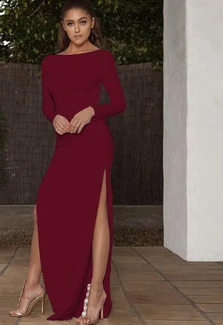 Nadafair Backless Sexy Party Dress With Long Sleeve High Side Split Bodycon Maxi Dress