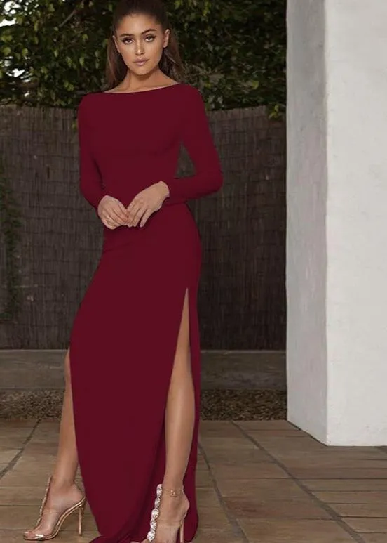 Nadafair Backless Sexy Party Dress With Long Sleeve High Side Split Bodycon Maxi Dress