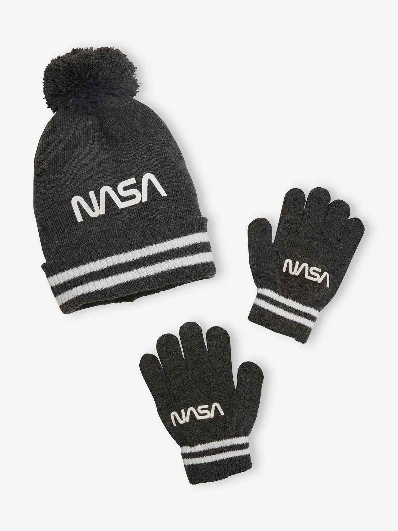 NASA® Beanie + Gloves Set for Boys - grey dark solid with design