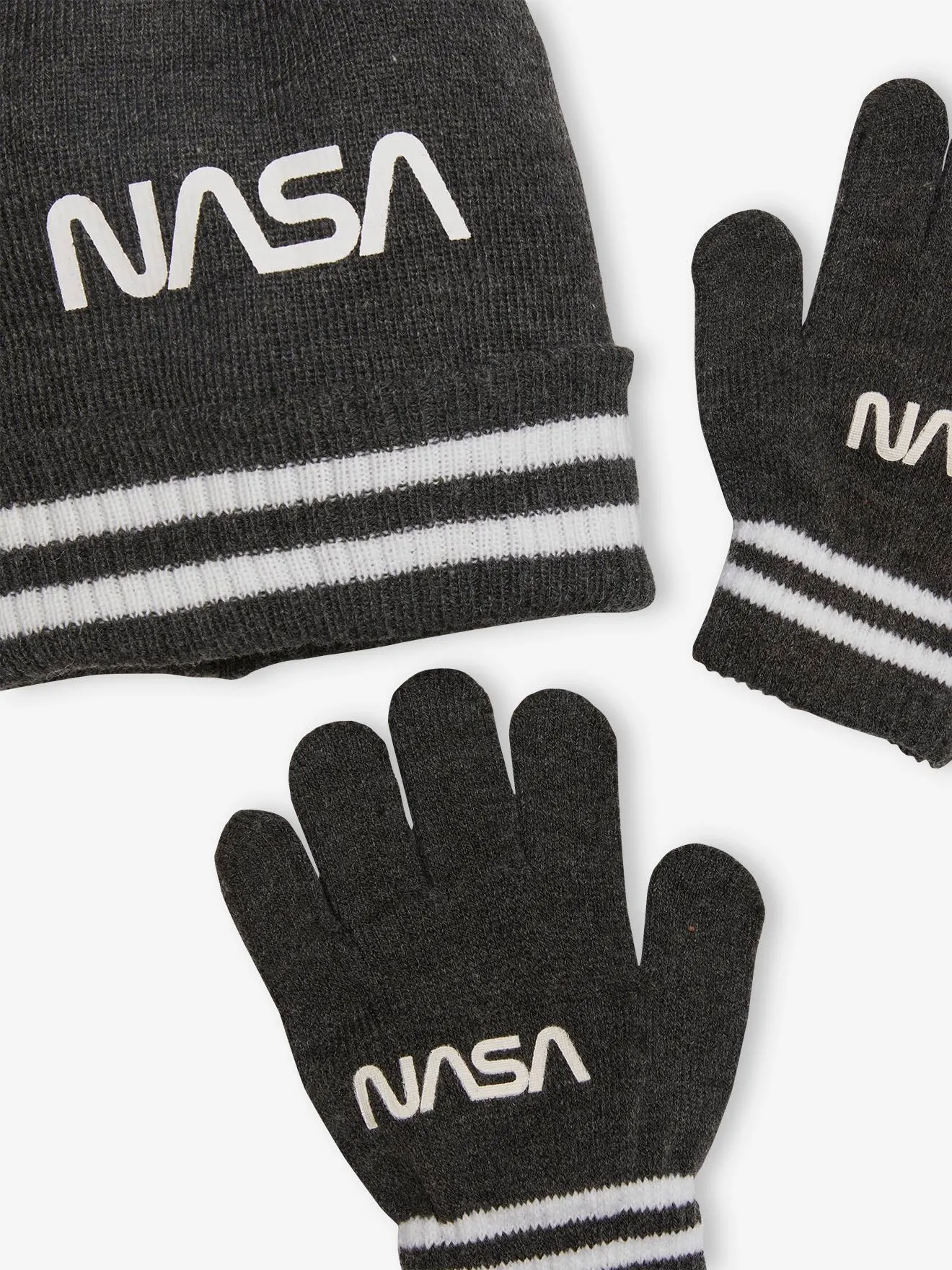 NASA® Beanie + Gloves Set for Boys - grey dark solid with design