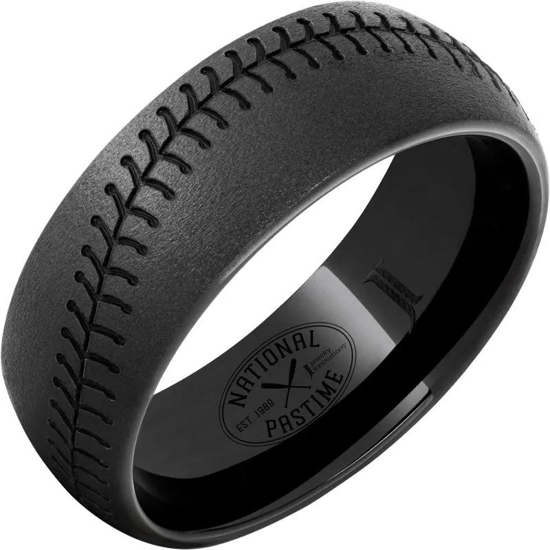 National Pastime Collection Black Diamond Ceramic Domed Baseball Stitch Ring with Stone Finish