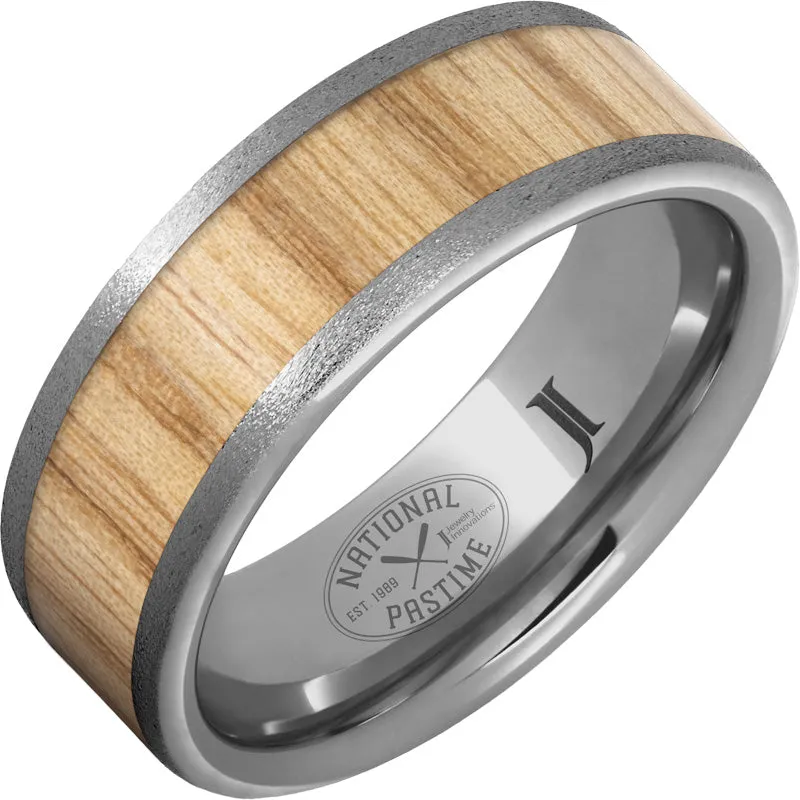 National Pastime Collection Rugged Tungsten Ring with White Ash Vintage Baseball Bat Wood Inlay and Stone Finish