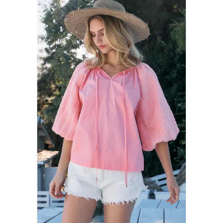 ODDI Full Size Poplin Bubble Sleeve Blouse