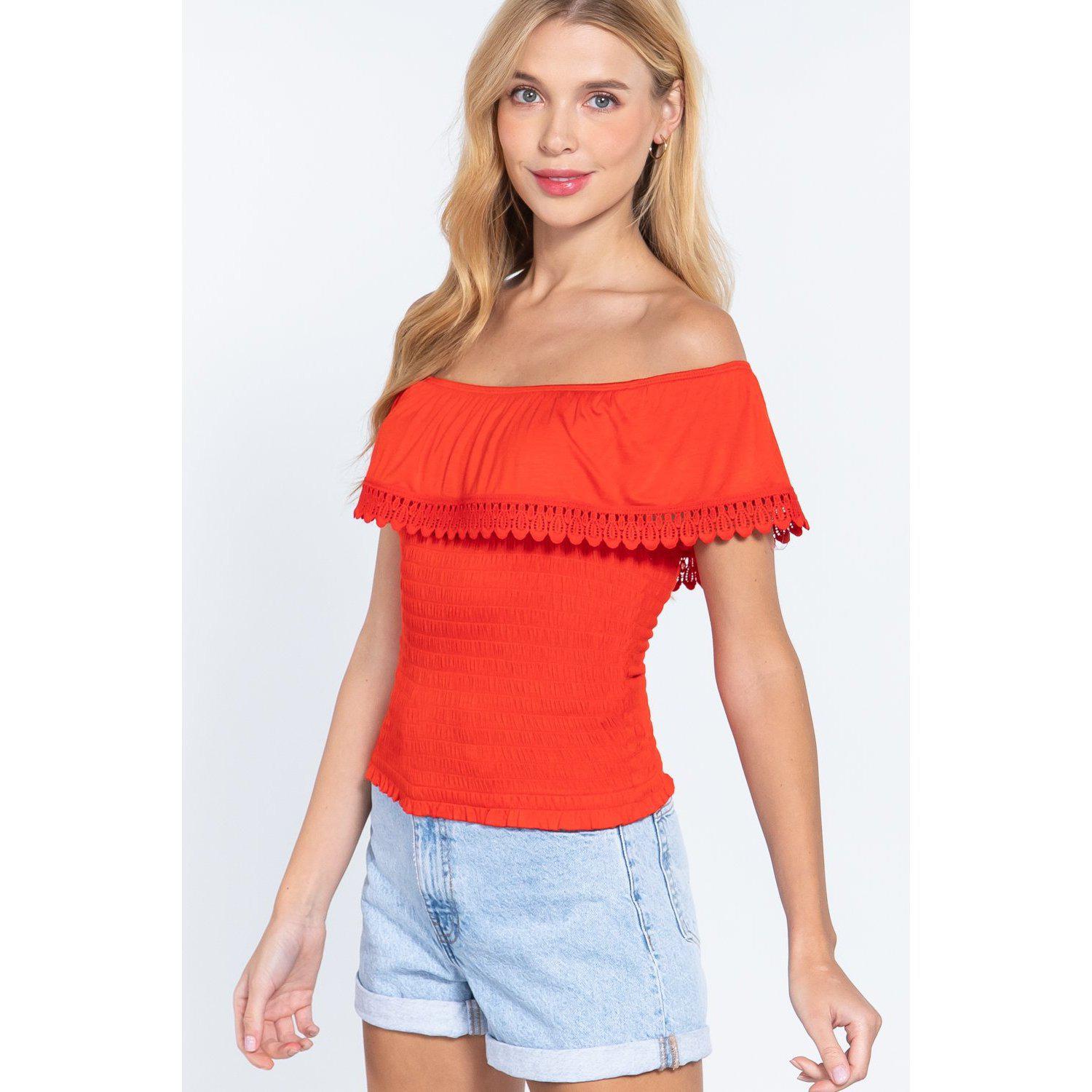 Off Shoulder W/lace Smocked Top