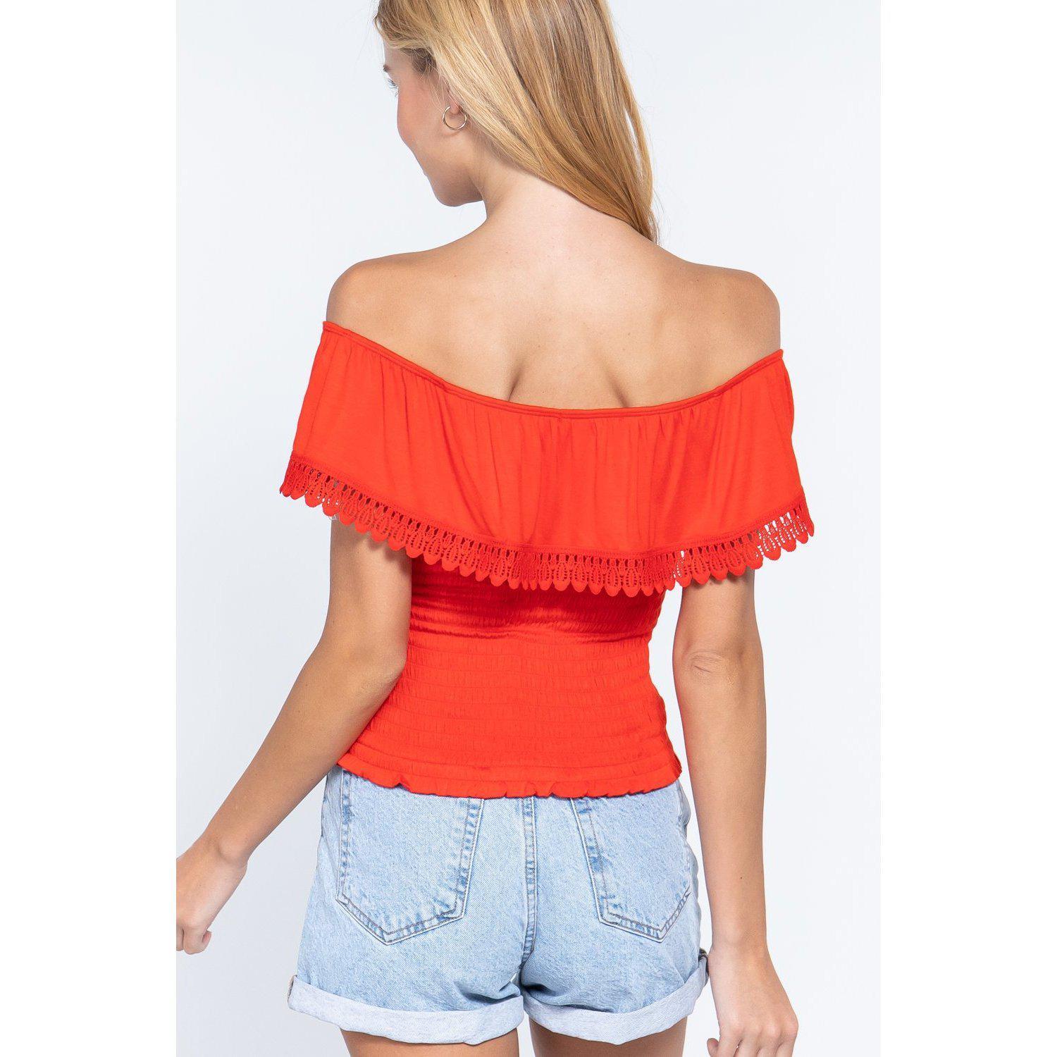 Off Shoulder W/lace Smocked Top