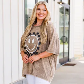 Only Smiles Acid Wash Boyfriend Tee, Mocha