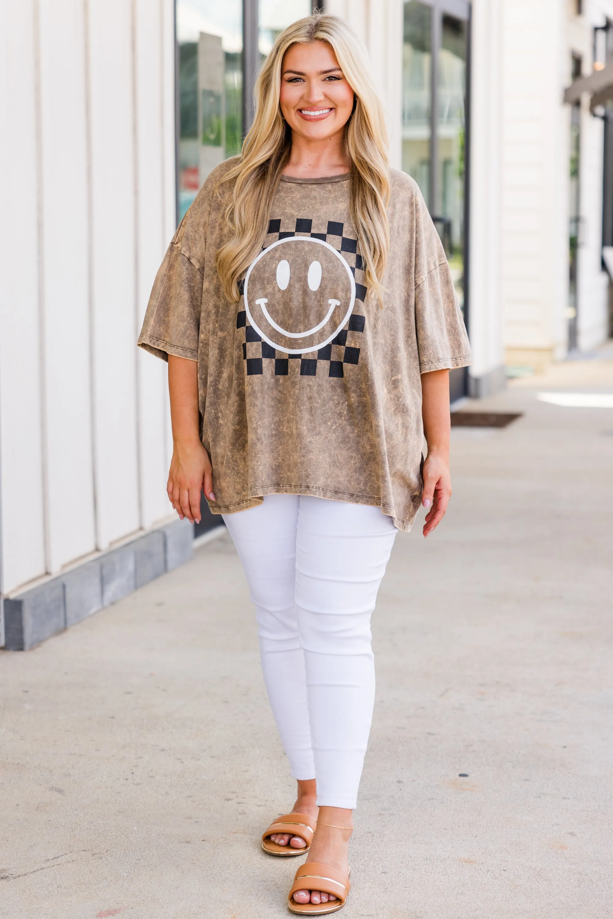 Only Smiles Acid Wash Boyfriend Tee, Mocha