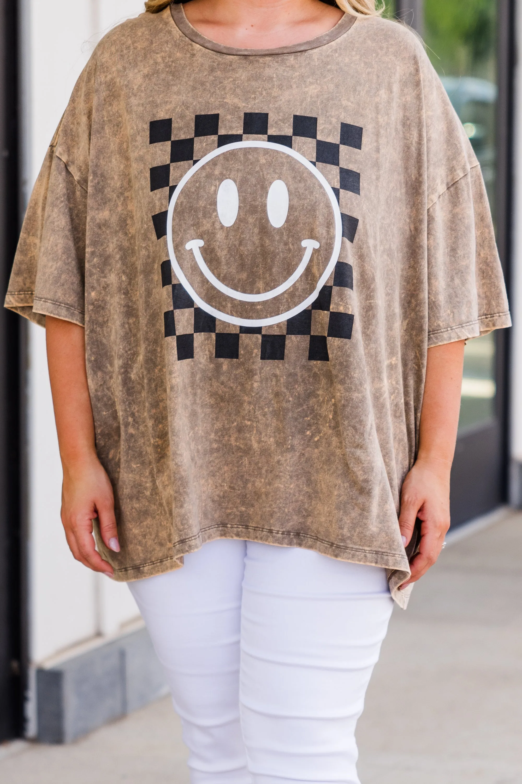 Only Smiles Acid Wash Boyfriend Tee, Mocha