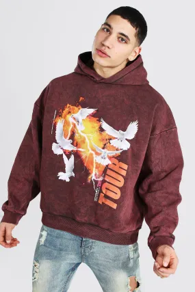 Oversized Dove Print Acid Wash Hoodie