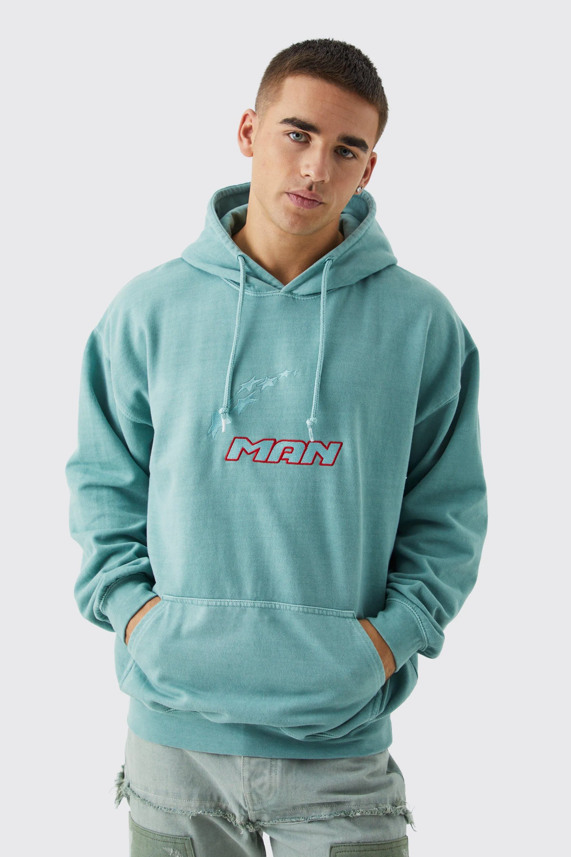 Oversized Washed Man Embroidered Hoodie | boohooMAN UK