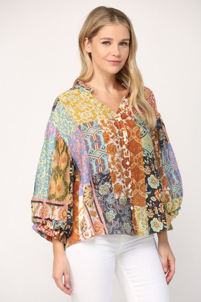 Patchwork Mixed Print Bubble Sleeve Blouse