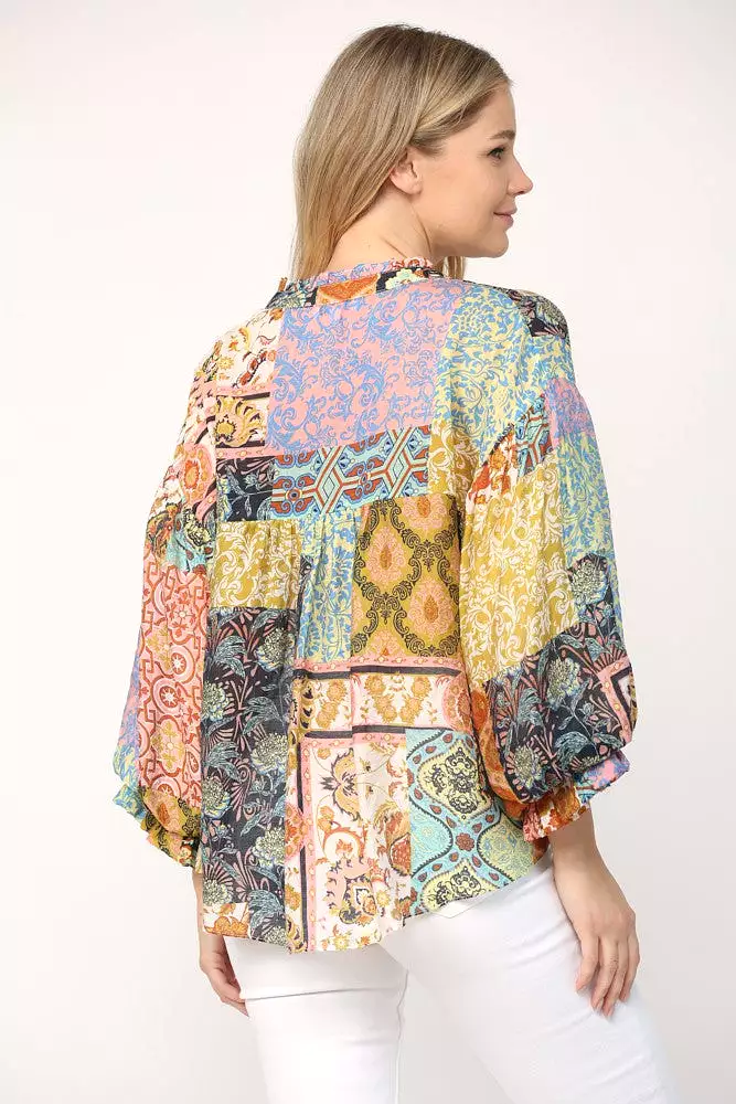 Patchwork Mixed Print Bubble Sleeve Blouse