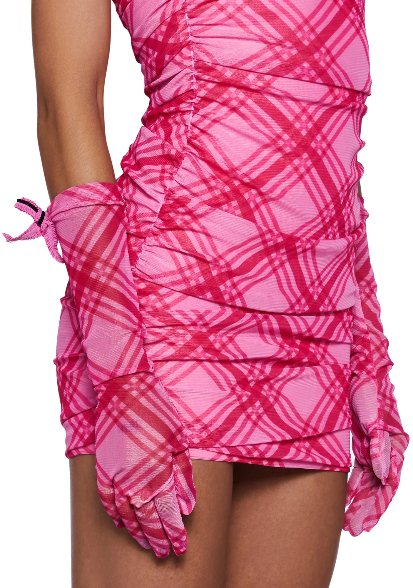 Pink Plaid Dress And Gloves Set-