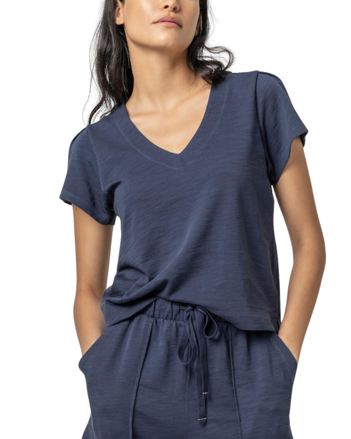 Pleated Cap Sleeve V-Neck (Navy)