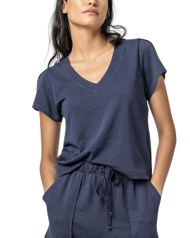 Pleated Cap Sleeve V-Neck (Navy)