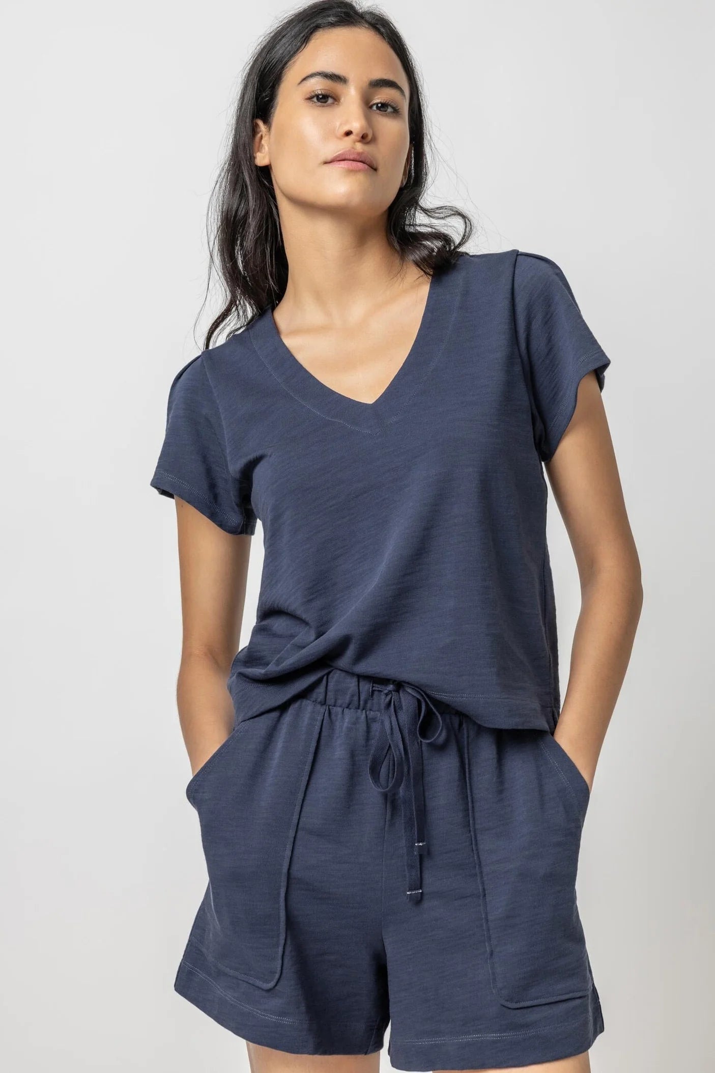 Pleated Cap Sleeve V-Neck