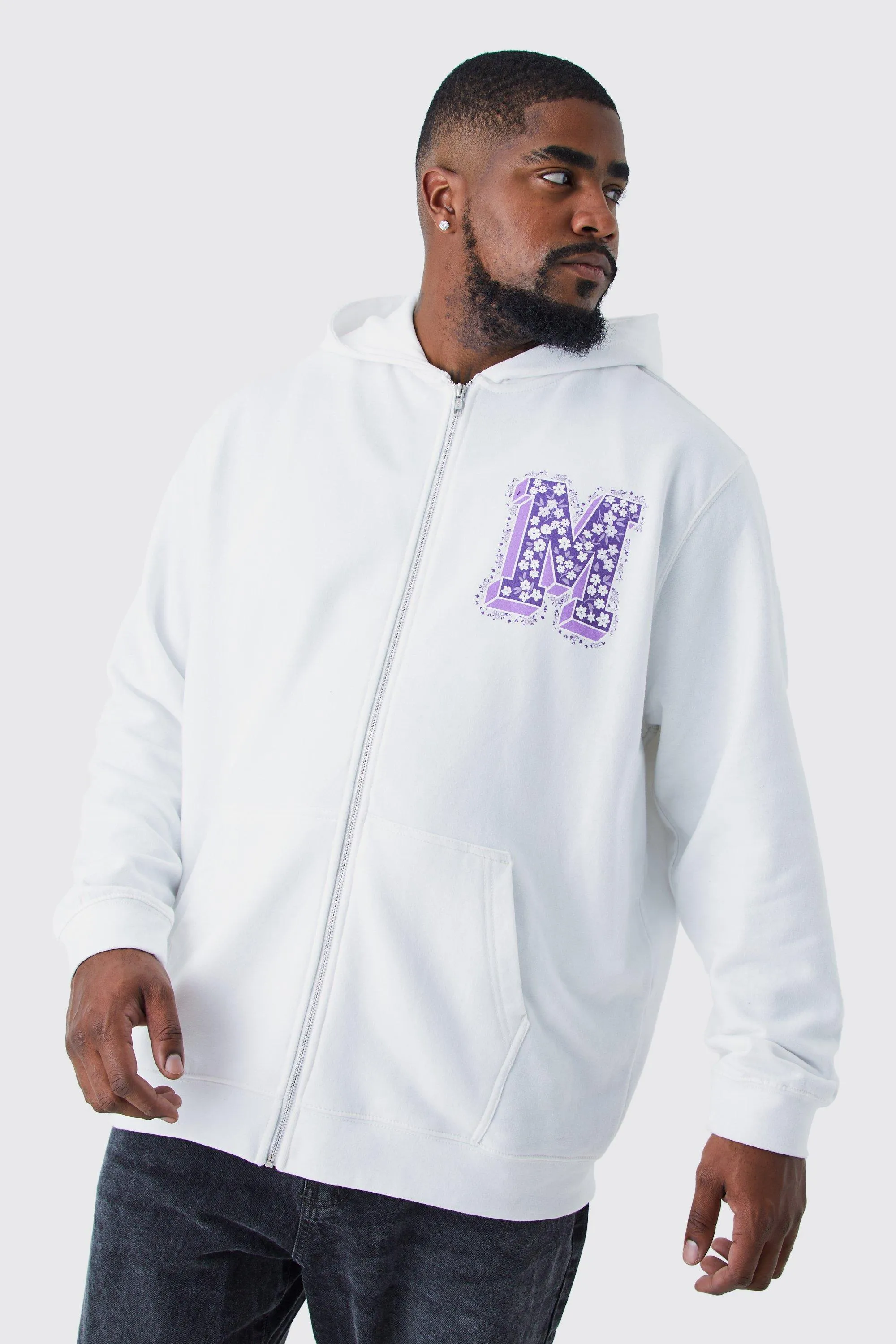 Plus Florall M Print Zip Thru Hoodie | boohooMAN UK