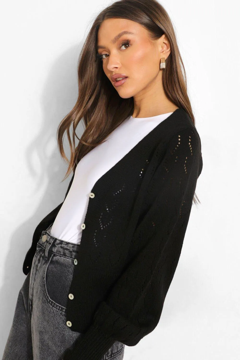 Pointelle Balloon Sleeve Cropped Cardigan