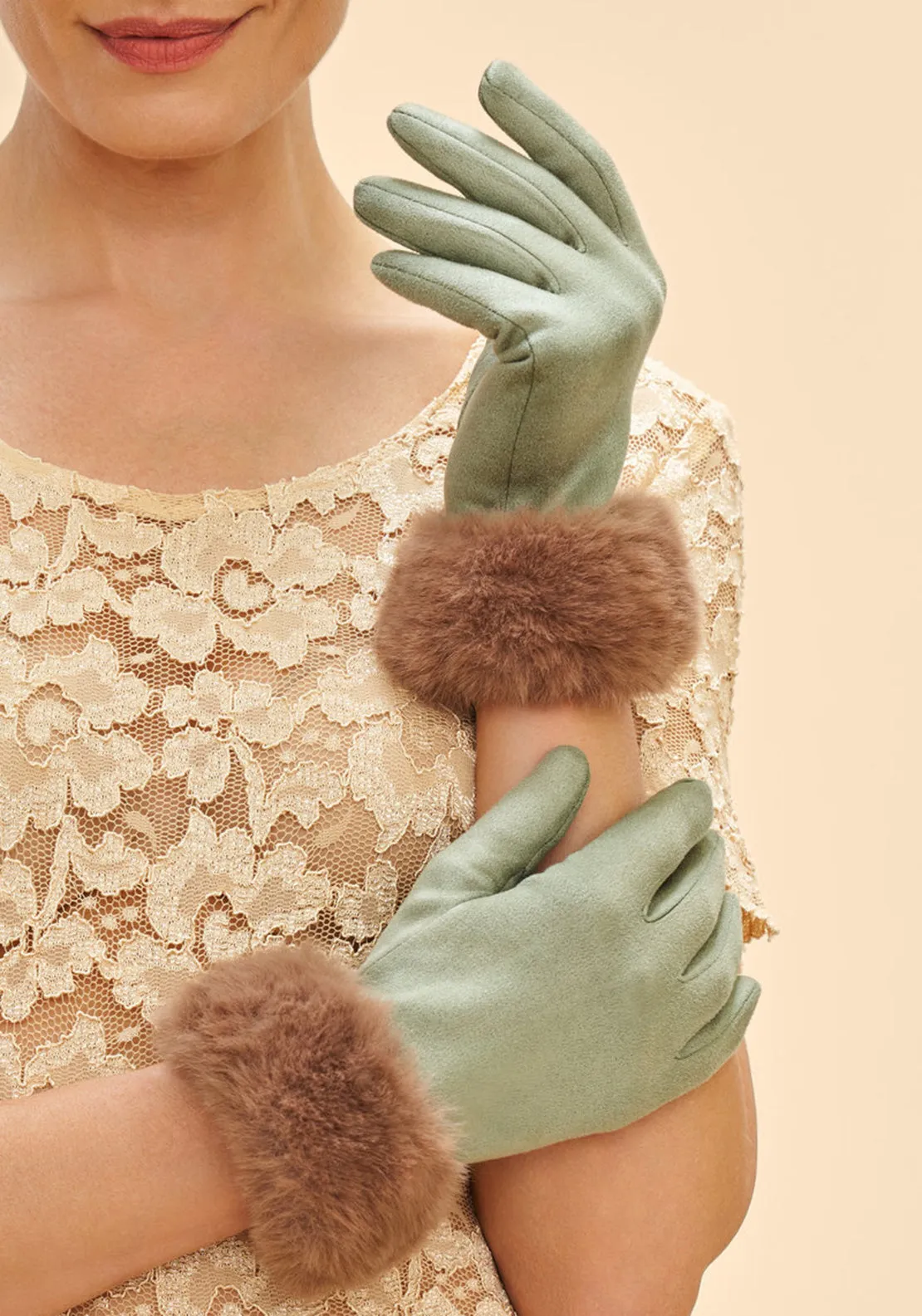 Powder Bettina Faux Fur Gloves, Green and Beige