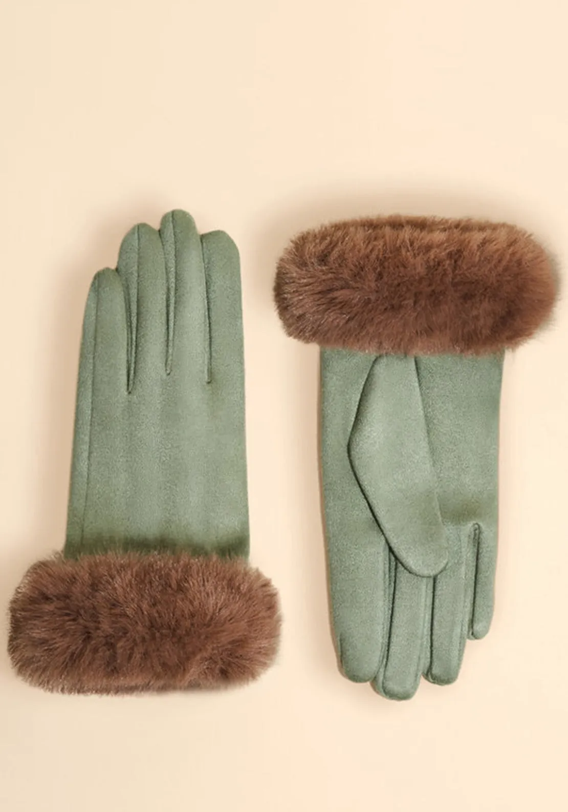 Powder Bettina Faux Fur Gloves, Green and Beige