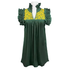 PRE-ORDER: Baylor Green + Gold Hummingbird Dress (late August ship date)