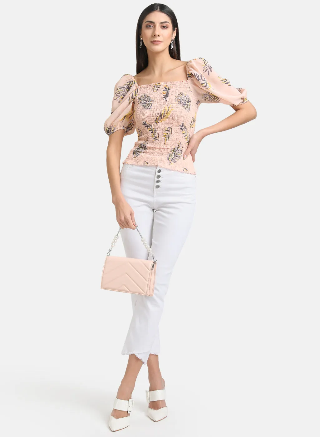 Printed Smocked Crop Top With Puff Sleeves